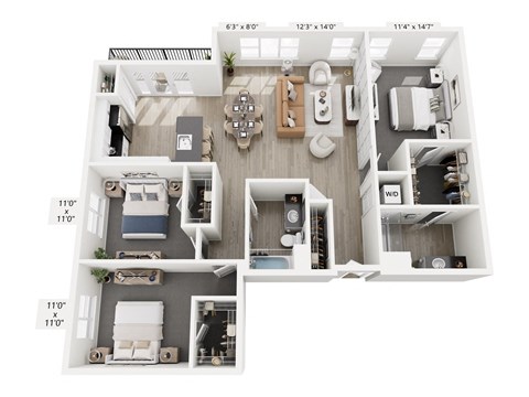 Floor plan for 3 beds, 2 baths, 1519 sqft